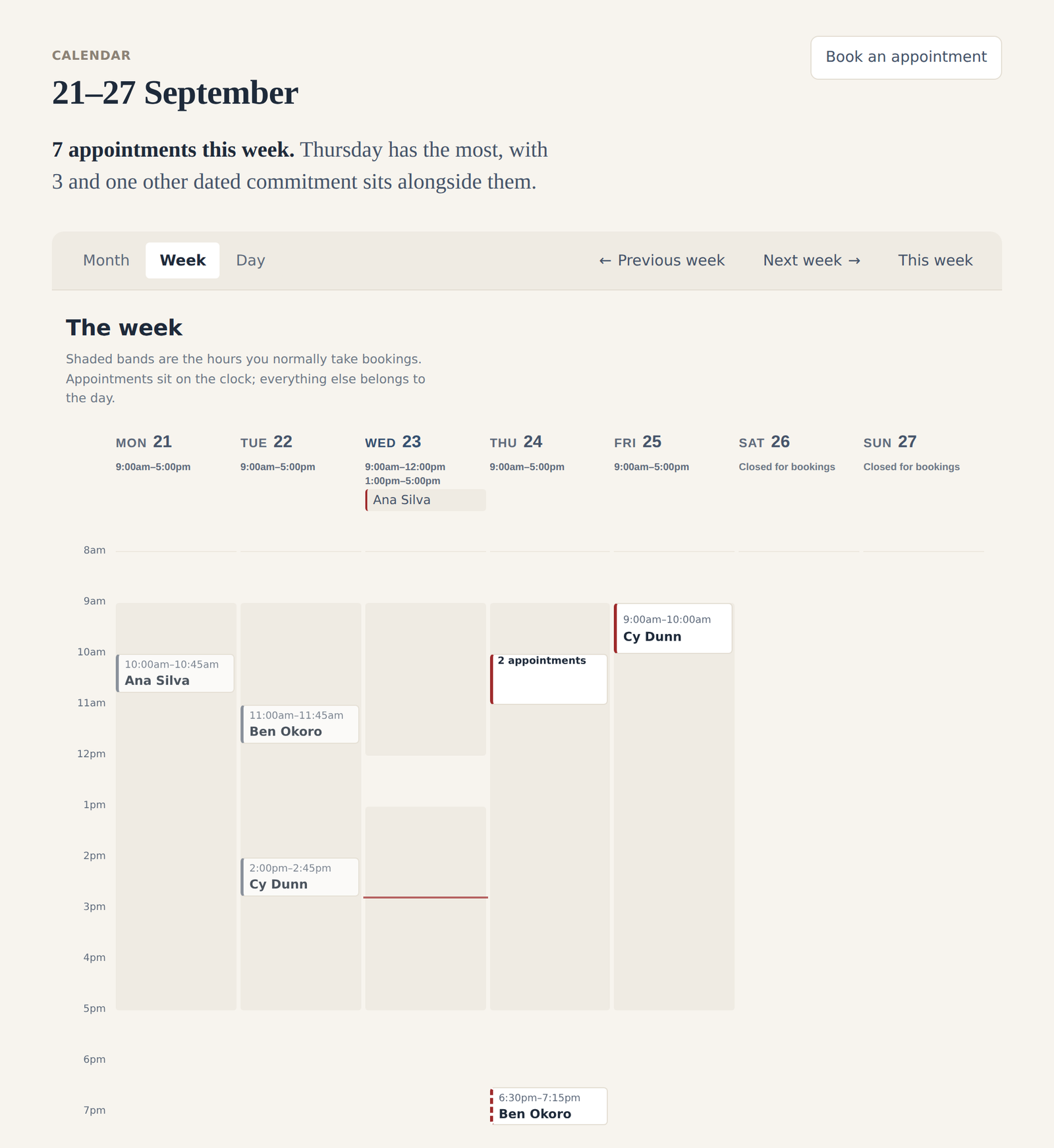 The calendar's week view: each day's booking hours as shaded bands, appointments placed on the clock, two overlapping appointments shown as a group, one appointment outside the hours with a dashed edge, and a follow-up at the top of Wednesday.