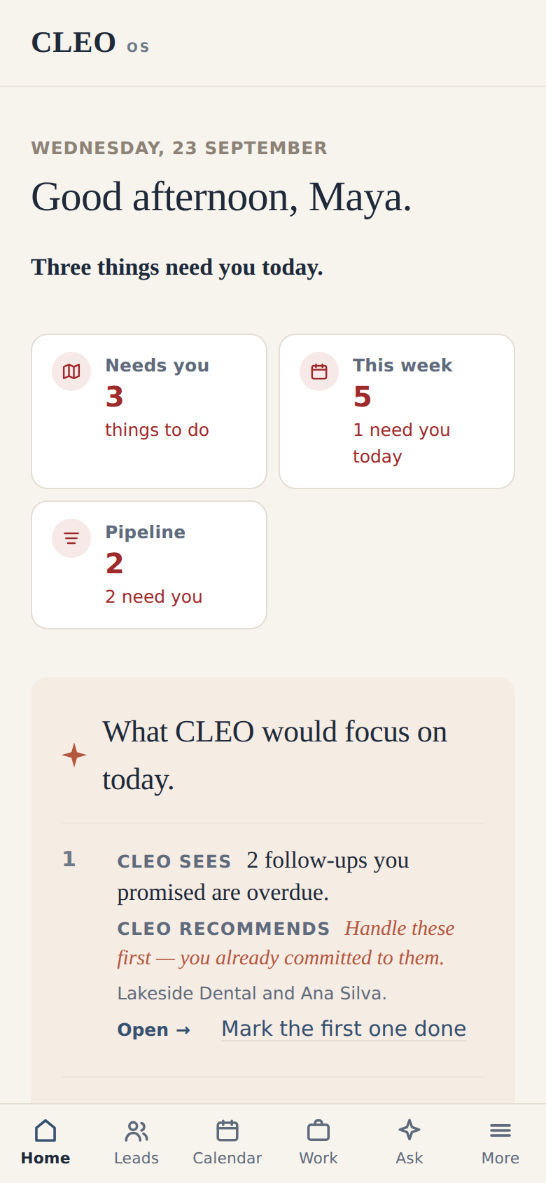 CLEO Home on a phone, with the tabs Home, Leads, Calendar, Work, Ask and More along the bottom.